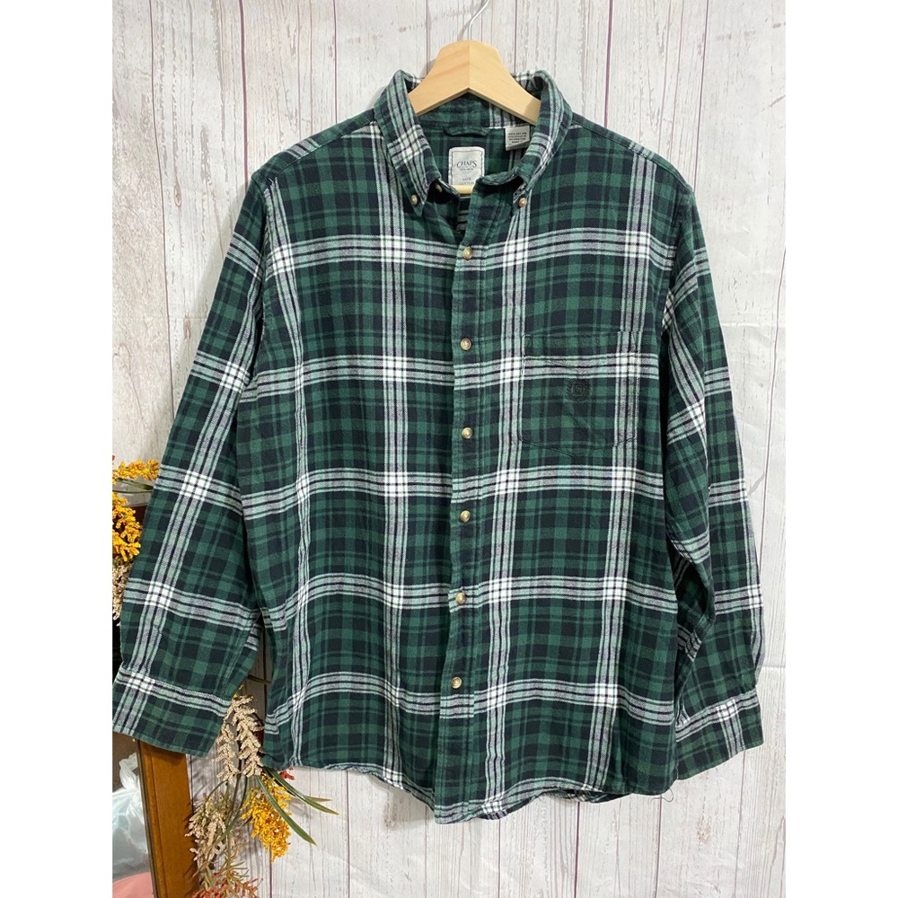 CHAPS Button Down Plaid Flannel Green Large